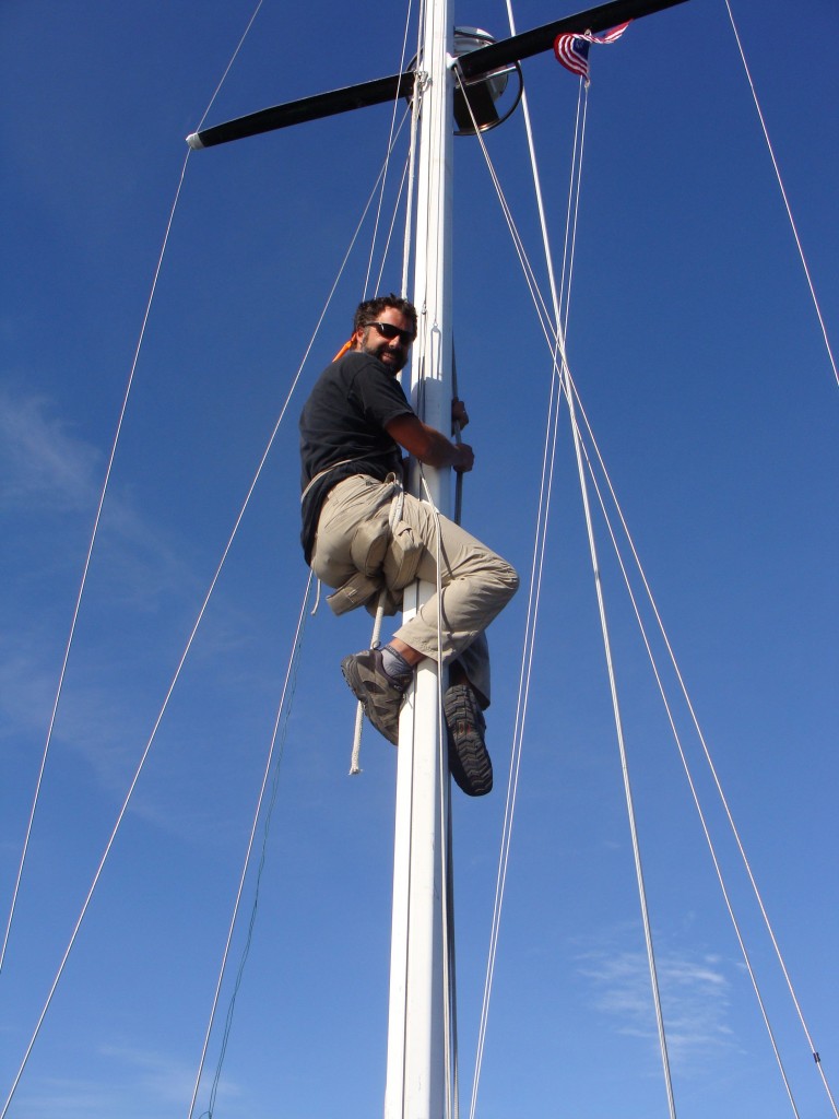 Phill Up the Mast in our Improvised Bosun's Chair