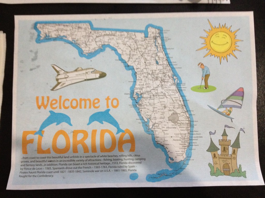 The placemat at "The Floridian" restaurant in Fort Lauderdale
